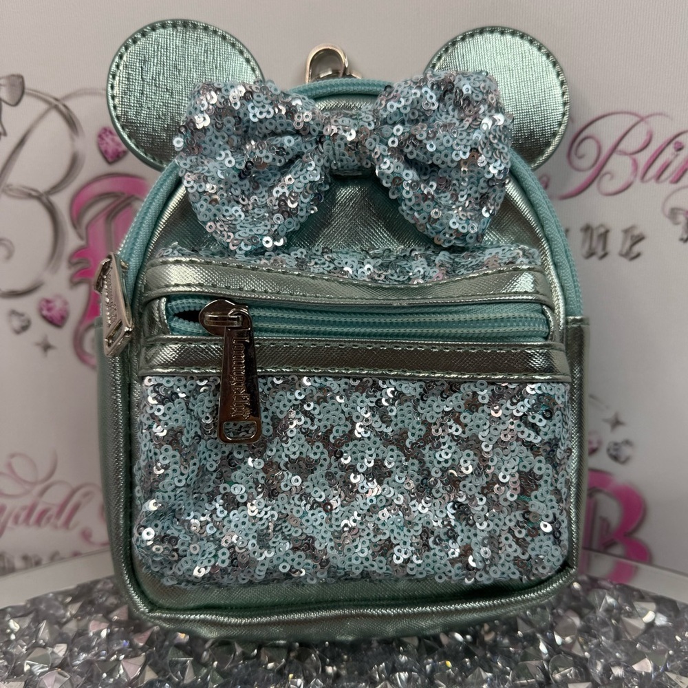 Loungefly wristlet Mini Backpack sequin Disney Mickey Mouse Minnie Ear Bow strap